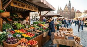 A vibrant, professional editorial photograph of a bustling Wrocław farmers' market stall featuring f
