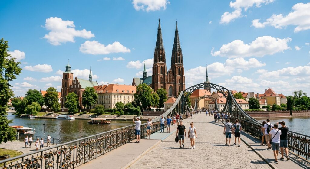 A professional editorial photograph of a sunny Wrocław cityscape featuring the iconic Ostrów Tumski