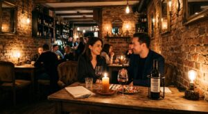 A sophisticated, editorial-style photograph of an intimate, dimly lit wine bar set within a historic