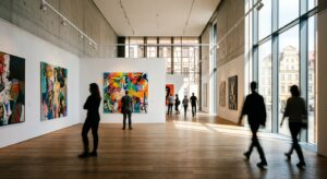 A high-quality, atmospheric editorial shot of a modern, sunlit art gallery interior in Wrocław, feat