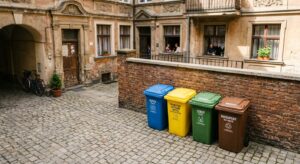 A professional, high-angle editorial shot of colorful recycling bins neatly organized in a sunlit, h
