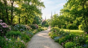 A serene, professional editorial photograph of a sun-drenched, quiet path winding through a lush, gr