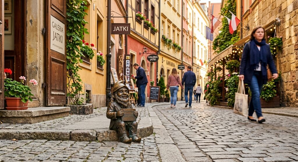 A high-quality, editorial-style photograph of a cheerful bronze dwarf statue nestled in a charming,