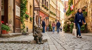 A high-quality, editorial-style photograph of a cheerful bronze dwarf statue nestled in a charming,