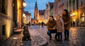 A cinematic, professional editorial shot of a joyful family exploring a cobblestone street in evenin