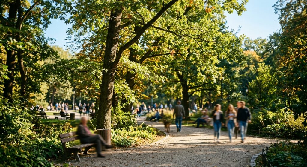 A high-quality editorial shot of a sunny afternoon in Wrocław’s Szczytnicki Park, featuring lush gre
