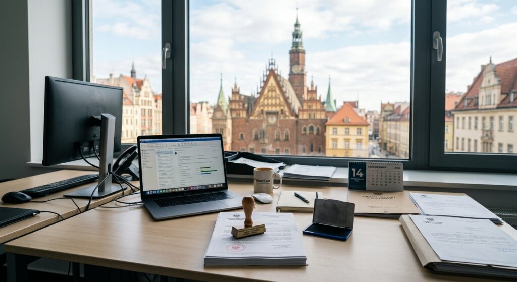 A professional, high-angle editorial photograph of a modern, organized municipal office desk in Wroc