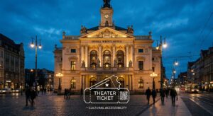 A professional, editorial-style photograph of the historic Wroclaw Opera house facade during twiligh