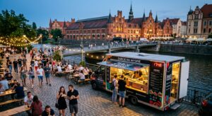 A professional, high-angle editorial shot capturing a vibrant fusion of street food culture, featuri