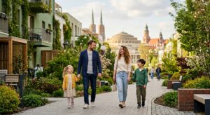 A high-quality, editorial-style photograph capturing a happy young family walking through a modern,