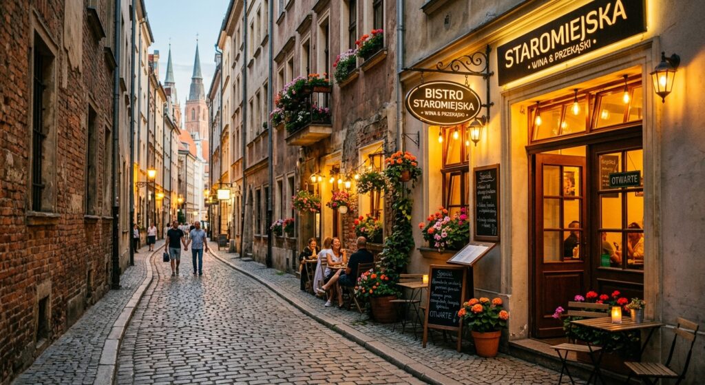 A charming, sun-drenched view down a narrow, cobblestone alleyway in Wrocław’s Old Town, featuring a