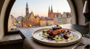 A professional, editorial-style close-up shot of an artistic fusion dish served in a modern Wroclaw