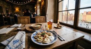A professional, high-angle editorial shot of a beautifully plated traditional Polish meal served on