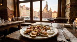 A high-quality, editorial food photography shot of a plate of traditional Polish pierogi served in a