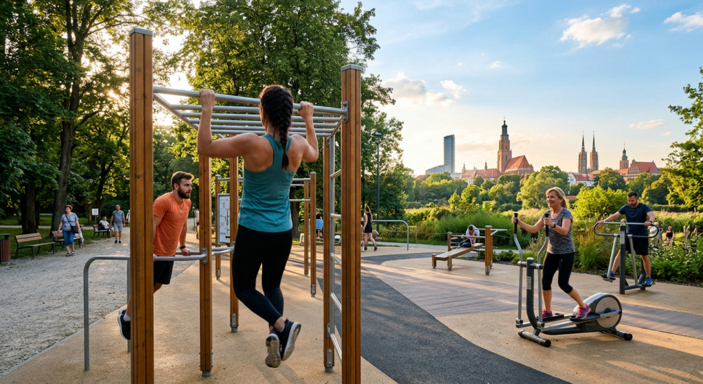 A high-quality, editorial-style photograph of a modern outdoor fitness park in a sunny Wrocław park,