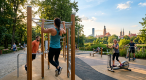 A high-quality, editorial-style photograph of a modern outdoor fitness park in a sunny Wrocław park,