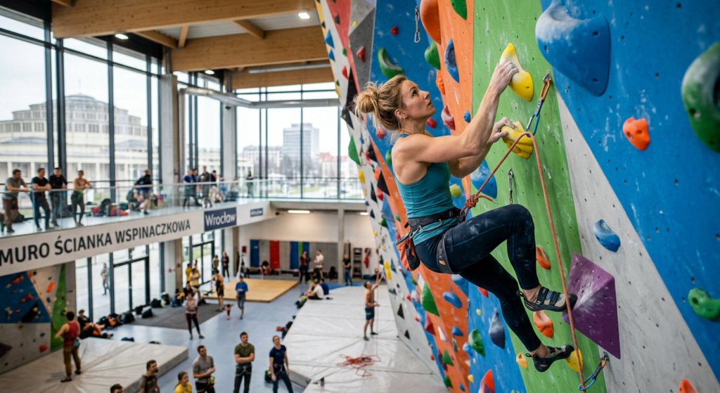 A high-quality editorial shot of a climber scaling a vibrant indoor climbing wall in a modern Wrocła