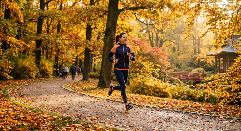 A professional editorial photograph of a runner jogging along a scenic, sun-drenched path in Wrocław