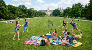 A vibrant, high-angle editorial photograph of a group of friends enjoying a lively, active picnic on