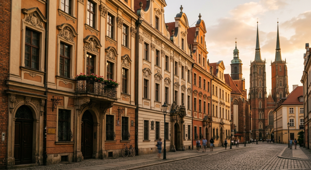 A high-quality, atmospheric editorial photograph of the historic, ornate facades of tenement houses