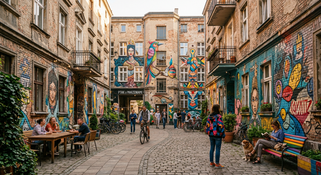 A vibrant, cinematic shot of a colorful, mural-covered courtyard in Wrocław, blending historic tenem