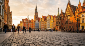 A high-quality, editorial-style photograph capturing the golden hour light hitting the colorful hist