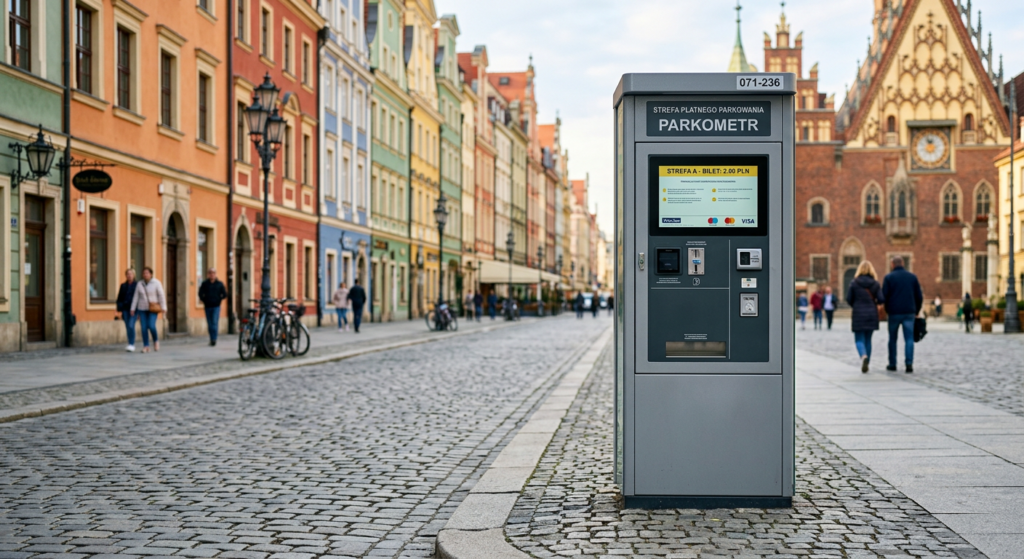 A professional, editorial-style photograph of a modern parking ticket machine on a picturesque cobbl