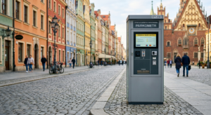 A professional, editorial-style photograph of a modern parking ticket machine on a picturesque cobbl