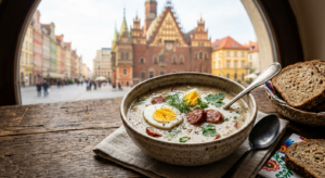 A gourmet, professional food photography shot of a traditional thick żurek soup served in a rustic c