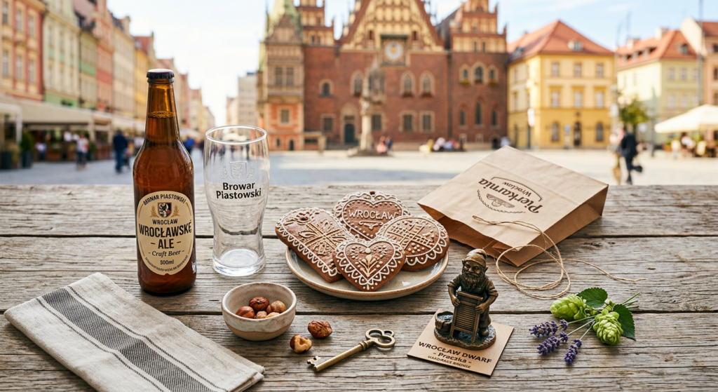 A professional, editorial-style flat lay photography of iconic Wrocław souvenirs including artisanal