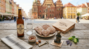 A professional, editorial-style flat lay photography of iconic Wrocław souvenirs including artisanal