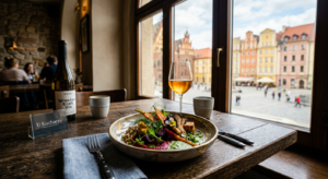 A high-end editorial food photography shot featuring a vibrant, gourmet vegan dish served on a rusti