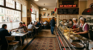 A high-quality, atmospheric editorial shot of a classic, sunlit Polish milk bar interior in Wrocław,