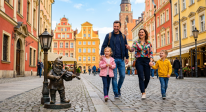 A bright, professional editorial shot of a happy family exploring the historic, colorful streets of