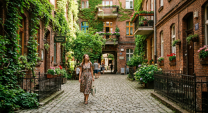A cinematic, editorial-style photograph of a sunlit, historic Wrocław tenement courtyard with vibran