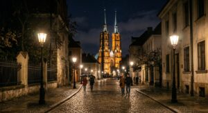A professional editorial photograph of Wrocław’s Ostrów Tumski at night, featuring glowing vintage g