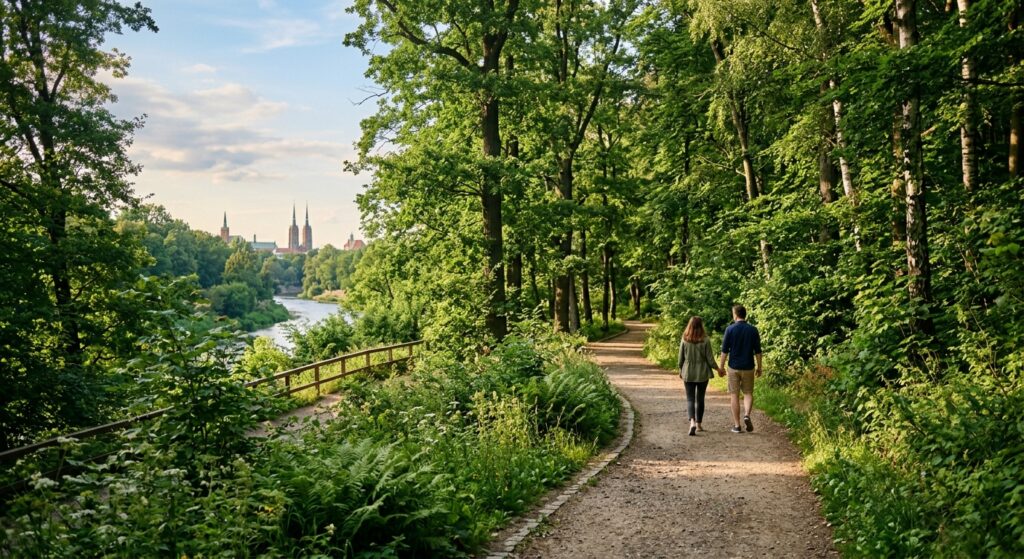 A professional, editorial-style photograph of a scenic, sunlit walking path winding through the lush
