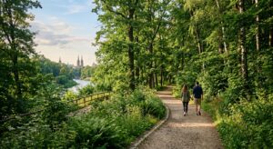 A professional, editorial-style photograph of a scenic, sunlit walking path winding through the lush