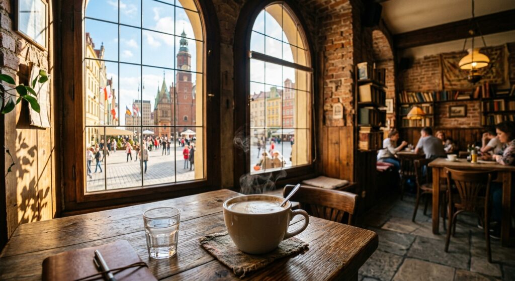 A high-quality, atmospheric editorial shot of a charming, historic cafe interior overlooking a sunli