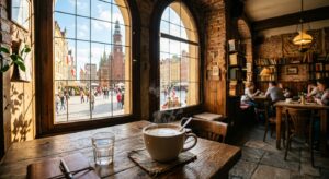 A high-quality, atmospheric editorial shot of a charming, historic cafe interior overlooking a sunli